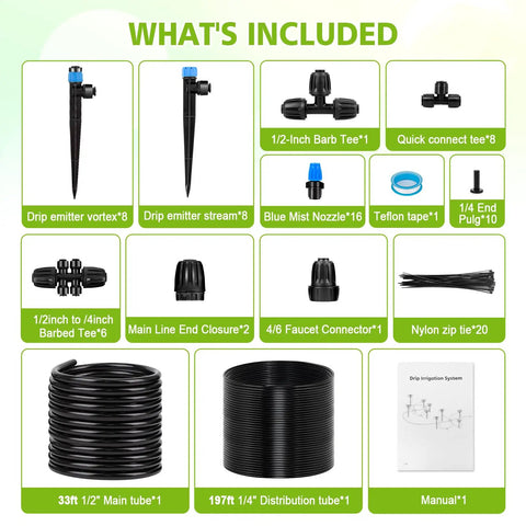 Contents of 230 Feet Quick Connect Drip Irrigation System Kit For Garden Greenhouse Yard And Lawn Automatic Watering And Misting