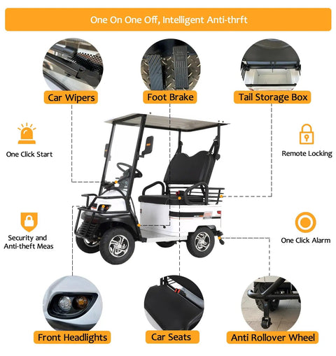 Features of Sick Double Seat Electric Golf Cart Cruises Smooth Over Rough Terrain With Heavy Duty Independent Suspension And A Raw 800 Watt Motor Hitting 20 Mph in Matte Green.