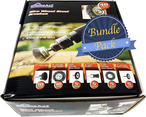 40 Piece Drill Wire Brush Kit box showing cup, wheel, end brushes for rust removal, paint stripping and metal cleaning