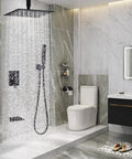 Shower Faucet Set, 12-Inch Rainfall Head, Handheld and Valve, Matte Black, featuring water flow in a modern bathroom.