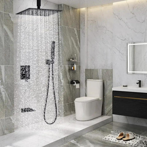 Shower Faucet Set, 12-Inch Rainfall Head, Handheld and Valve, Matte Black, featuring water flow in a modern bathroom.
