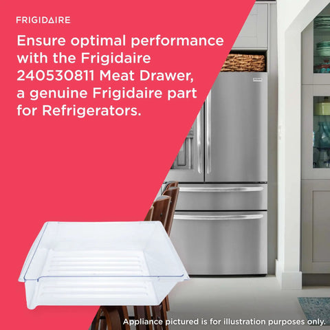 Fridge Meat Drawer 240530811 Clear Replacement tray in front of a stainless steel refrigerator in a modern kitchen.