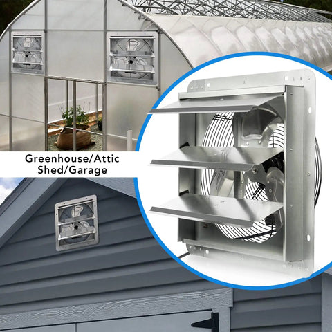 14 Inch Automatic Shutter Exhaust Fan With Power Cord 1950 CFM Aluminum Wall Mount Attic Ventilation close-up and installation
