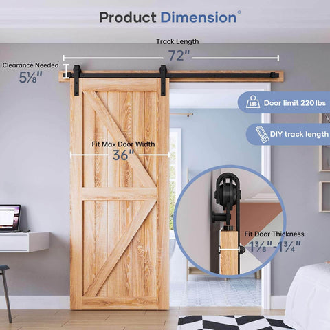 6 Ft Heavy Duty Sliding Barn Door Hardware Track Kit With J Pulley, Smooth Quiet Ball Bearing Rollers, Easy Install