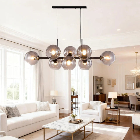 Black Glass Ball LED Pendant Light Transparent Globe Housing Decorative Hanging Fixture Chandelier Ceiling Light in stylish living room.