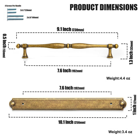 Vintage Spindle Style 2 Pack Antique Brass Cabinet Pulls With Backplates, Distressed Finish, 7.6 Inch Hole Center, dimensions shown.