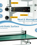 Close-up of built-in power strip with USB ports on Solid Ecommerce Packing Table And Mobile Shipping Station With Built In Power And Led Lights.