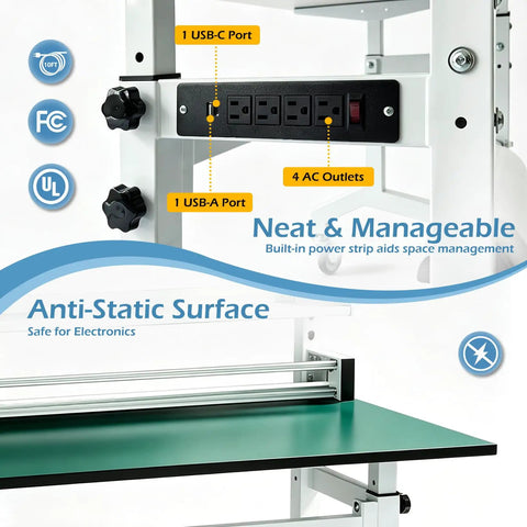 Close-up of built-in power strip with USB ports on Solid Ecommerce Packing Table And Mobile Shipping Station With Built In Power And Led Lights.