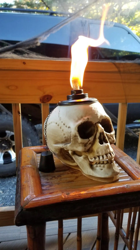 Two Pack Skull Tiki Torch Outdoor Patio Decor For Halloween And Gothic Vibes, Epic Fire Display Skull Table Torches