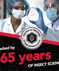 Scientists examining insects with text 'Backed by 65 years of insect science' for Perimeter Protection Refill For Indoor And Outdoor Use Up To 18 Months Of Protection 1 Gallon With Auto Trigger Hose Dip Tube And Holster Compatibility Save Money Cut Plastic Waste Keep Bugs At Bay.