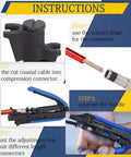 Instructions for using Coax Cable Crimping Kit With Adjustable Compression Tool For RG6 RG59 RG11 demonstrating setup steps