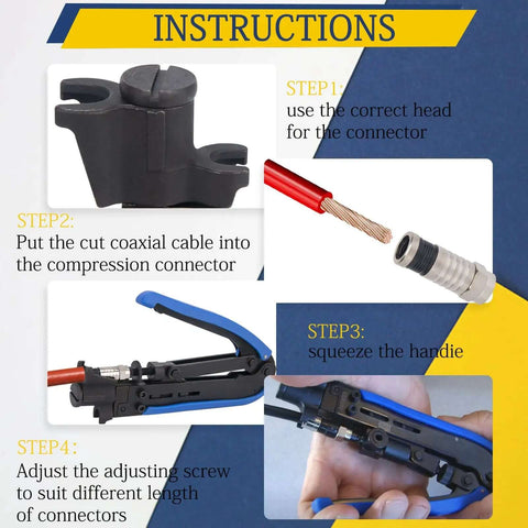 Instructions for using Coax Cable Crimping Kit With Adjustable Compression Tool For RG6 RG59 RG11 demonstrating setup steps