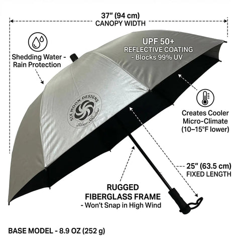 Silver Shadow Hiking Umbrella With UPF 50 Plus Sun And Rain Protection Ultralight 8.9 Oz, fiberglass, 37-inch width, reflective