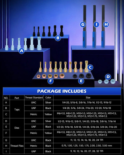 Orion Motor Tech 49-piece thread repair set with taps, dies and thread files, blue components.