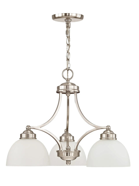 Sleek Silver Transitional Chandelier For Dining Rooms And Living Areas, Steel Construction, 3-light brushed nickel satin glass