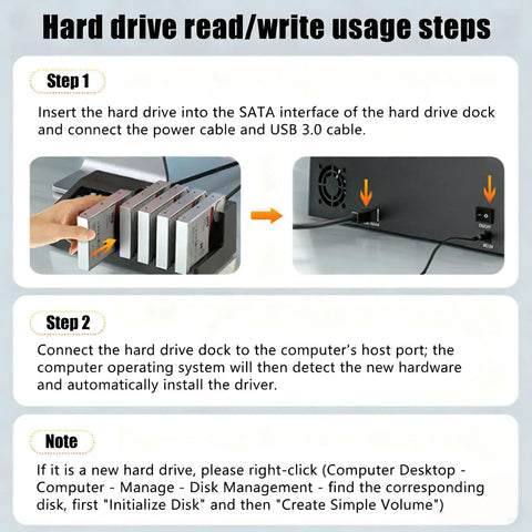Step-by-step guide for using Slick 5 Bay Hard Drive Dock For 2.5 And 3.5 Inch Ssd And Hdd with SATA interface and USB 3.0 connections.