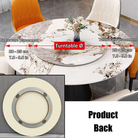 Large Marble Lazy Susan Turntable Rotating Serving Plate For Countertops And Dining Tables on a stylish table with measurements.
