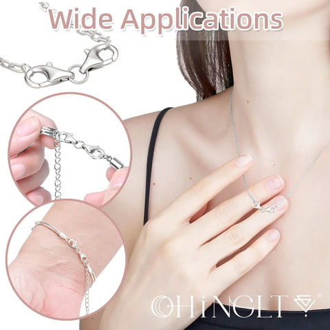 Double Lobster Claw Clasps Necklace Extender Silver 8 Piece Set in use for necklace and bracelet adjustments