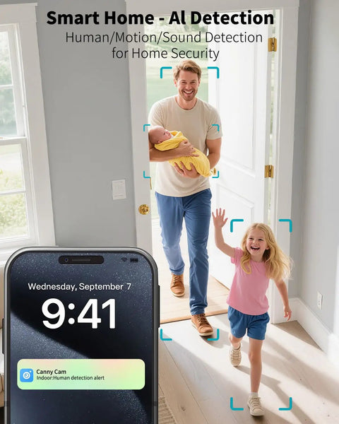 No Sweat Setup 4Mp Indoor Security Camera With Solid Hd Video And Clear Two Way Audio Free Ai Motion Tracking Night Vision Plus Easy Phone App Control For Your Pooch Around The Clock showing AI detection on smartphone.