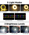 Camping String Lights 32.8 Ft Rechargeable 4 In 1 Quick Storage Tent Lights With 8 Lighting Modes showing 5 light modes and 3 brightness levels
