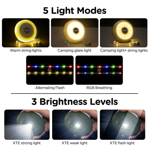 Camping String Lights 32.8 Ft Rechargeable 4 In 1 Quick Storage Tent Lights With 8 Lighting Modes showing 5 light modes and 3 brightness levels