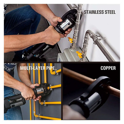 Mini Battery Pipe Crimping Tool for Plumbing Systems with Copper Fittings and Multilayer PEX Press Tool in use on pipes