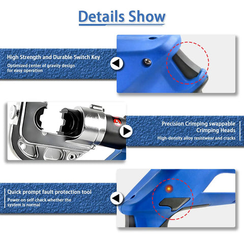 Details of Bad Boy Cordless Hydraulic Crimping Tool With 4Ah Rechargeable Battery showing switch key and crimping head design.