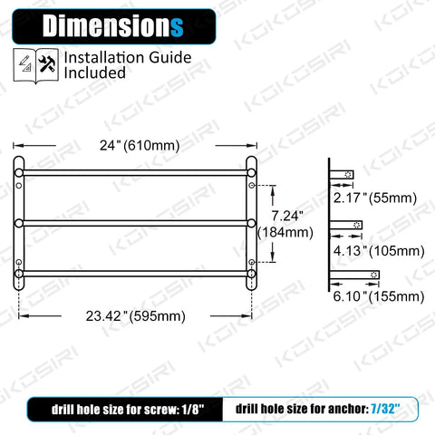 Diagram showing dimensions and assembly details for Stainless Steel 3 Tier Ladder Towel Rack Wall Mount In Brushed Nickel Rustproof SUS 304