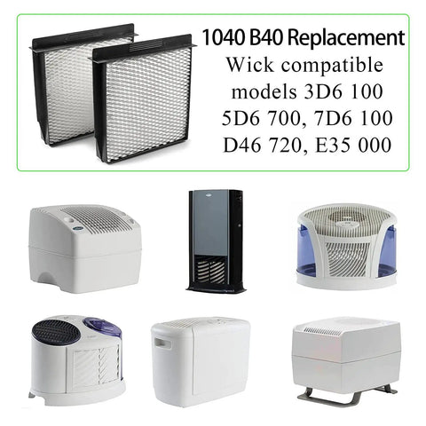 Essick Air Humidifier Wick Filter Replacement Twin Pack Fits 8.5 Inch By 9 Inch By 1.5 Inch Humidifiers For Essick Air Models And Similar Units Replacement Filter For Dry Air Relief image showing various compatible humidifier models with the replacement filter at the top.
