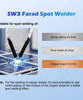 Image showing SW3 Farad Spot Welder in use on battery components, suitable for nickel plating, pure nickel, and copper sheets welding.