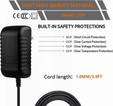 Wall AC Power Adapter For AD-E95100B Workstation Keyboard And Music Gear, safety protections and cord length details shown.