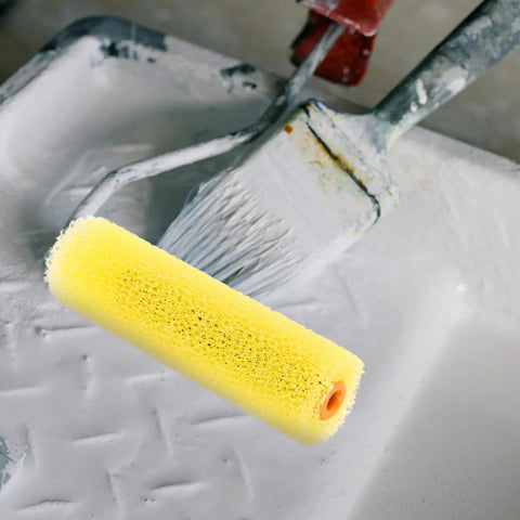 10 Piece Pack of Heavy Duty Sponge Paint Roller Sleeves Serving as Durable Texture Cover Replacements, featuring a yellow sponge roller.