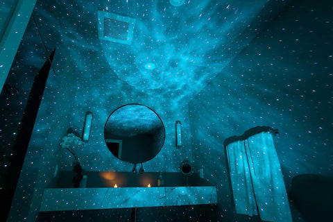 Bathroom illuminated by Galaxy Nebula Projector Light For Home Theater And Gaming Room With Led Starry Sky Multicolor Nebula