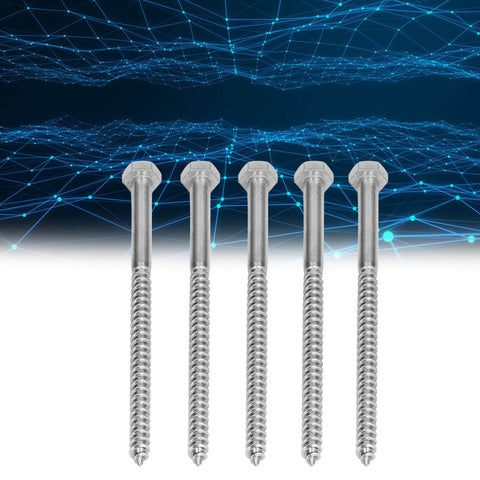 Five Stainless Steel Half Thread Wood Lag Bolts With Self Tapping Screws A2-70 Grade, M8x140mm against abstract background