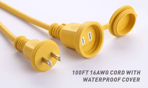 Heavy Duty 100 Foot LED Construction String Lights with 100ft 16AWG yellow cord and waterproof cover for outdoor use