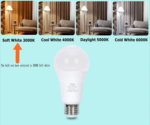 Lighting effect comparison showing 4 pack 3-way LED A19 light bulbs with E26 base in soft white 3000K.