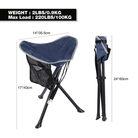 Two Pack Folding Camping Stools For Adults Heavy Duty Lightweight Portable Tripod Chairs Seats For Fishing Hunting Backpacking Traveling Blue Featuring Two Heights Of 17 And 22 Inches For Knee Friendly Comfort And A Double Layer Oxford Seat, unfolded and folded view with dimensions