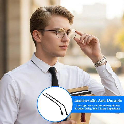 Man wearing eyeglasses with focus on All In One Eyeglass Repair Kit With Screws And Screwdrivers For Frames And Arms Universal Replacement Temples Hinges And Nose Pads Quick Fix Set With Multi Bit Driver And Spare Parts