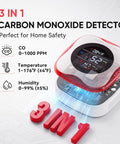 3-in-1 detector showing CO, temperature, and humidity levels chart; Plug In Carbon Monoxide Alarm 3-In-1 Detector With Real Time Display
