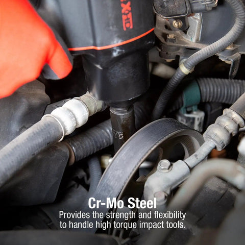 Mechanic using Beefy One Half Inch Drive Impact Socket Set, Extra Long Deep, Eight-Piece, SAE, Cr-Mo Alloy Steel on engine