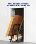 Panel Handler Cart And Shop Stand With Tilting Mover And Rolling Casters For Drywall And Woodworking, loaded with panels, fits through narrow doors.