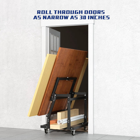 Panel Handler Cart And Shop Stand With Tilting Mover And Rolling Casters For Drywall And Woodworking, loaded with panels, fits through narrow doors.