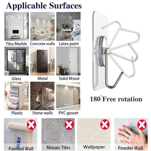 Heavy Duty 150 Pack Self Adhesive Wall Hooks Up To 24 Lb Each No Drill No Nails No Damage Transparent Reusable Hooks on various surfaces