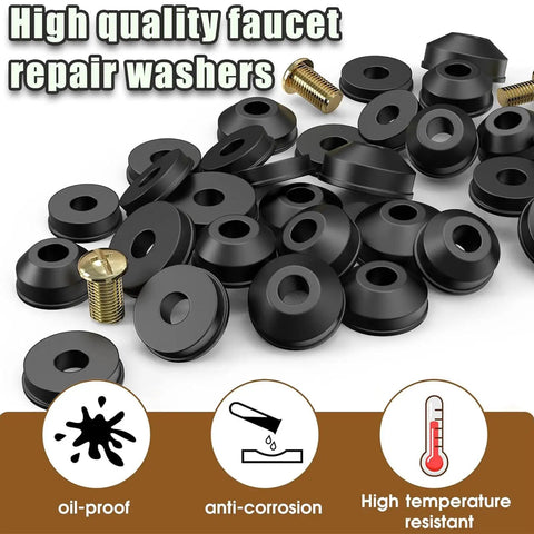48 Piece Outdoor Faucet Washer Kit With Brass Screws And Flat And Beveled Washers for quick faucet repairs shown with washers and screws.