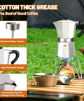 3 Cup Aluminum Espresso Stovetop Moka Pot Coffee Maker For Quick Espresso Percolator Style Italian Mocha Pot For Home And Camping 150ml 5oz Capacity Rich Aroma Every Brew displayed on camping table with accessories