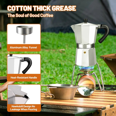3 Cup Aluminum Espresso Stovetop Moka Pot Coffee Maker For Quick Espresso Percolator Style Italian Mocha Pot For Home And Camping 150ml 5oz Capacity Rich Aroma Every Brew displayed on camping table with accessories