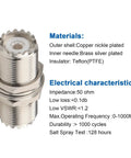 UHF Female to Female Bulkhead Connector for PL259 Coax, 50 Ohm RF Adapter, showing brass nickel-plated exterior and PTFE insulator.
