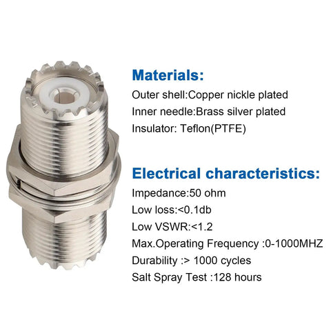 UHF Female to Female Bulkhead Connector for PL259 Coax, 50 Ohm RF Adapter, showing brass nickel-plated exterior and PTFE insulator.