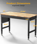Rock Solid Heavy Duty Adjustable Workbench With 47.64 Inch Surface, 2000 Lb Load Capacity, Rubber Wood Top, Pegboard, And Built In Power Outlets