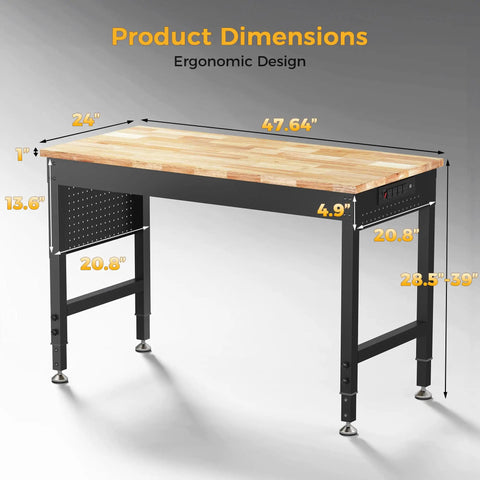 Rock Solid Heavy Duty Adjustable Workbench With 47.64 Inch Surface, 2000 Lb Load Capacity, Rubber Wood Top, Pegboard, And Built In Power Outlets